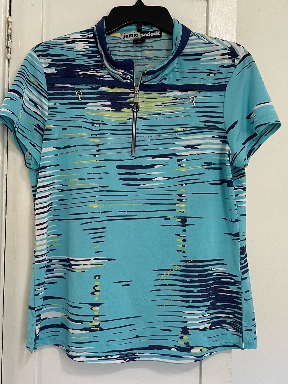 jamie sadock Turquoise and Navy Short Sleeve Zip Golf Polo medium